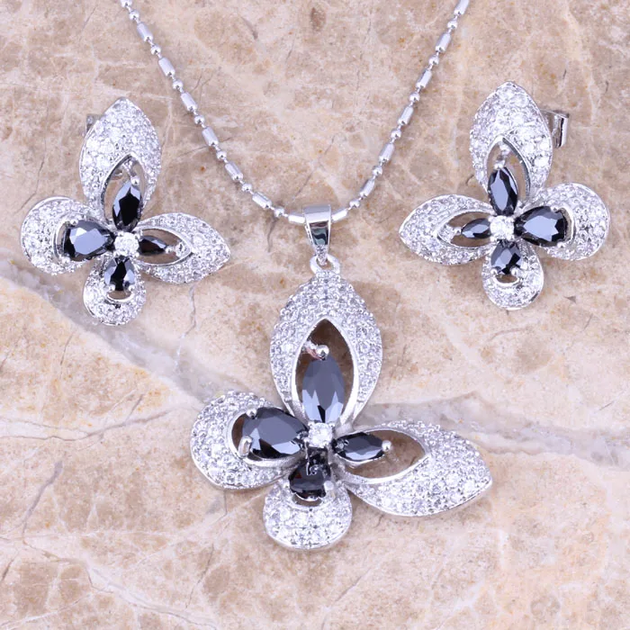 

Royal Butterfly Black Cubic Zirconia White CZ Silver Earrings Pendant Necklace Jewelry Sets S0727