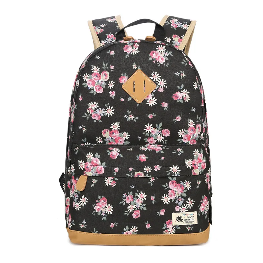 vintage black floral canvas backpack kids flower laptop bag 14 children