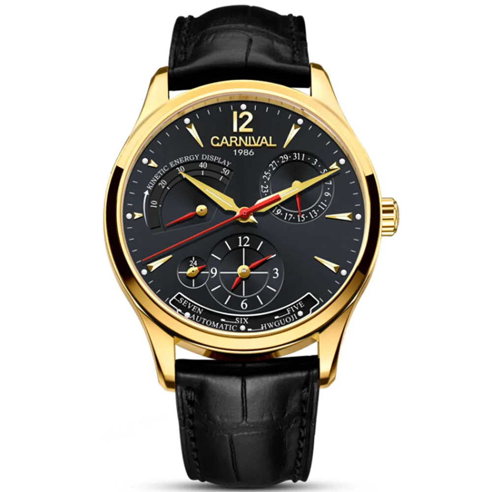 

Carnival Brand Switzerland Mechanical Watch Men Energy Display Double Time Zone Multi-Function Gold Clock Business Hot