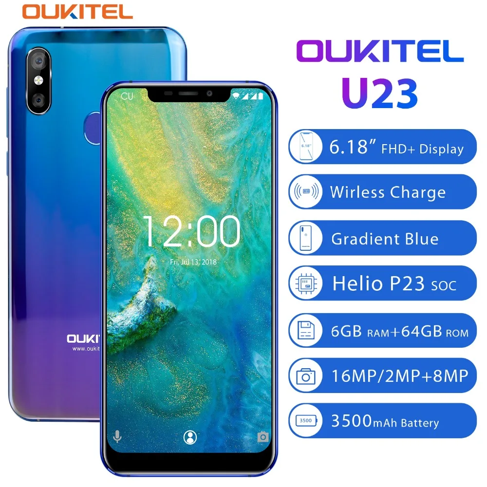 OUKITEL U23 6,1" дисплей с насечкой 6G 64G мобильный телефон с беспроводной зарядкой Android 8,1 MTK6763T Helio P23 восьмиядерный смартфон с функцией распознавания лица