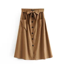 Klacwaya женские хаки льняные юбки с ремнем летние женские шлепанцы на мягкой миди юбки на пуговицах, элегантное платье для девочек chic-стрит-одежда юбка с бантом