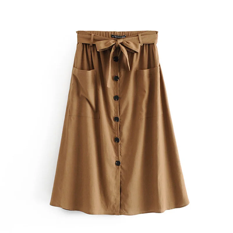 

Klacwaya women khaki linen skirts with belt 2019 summer ladies soft midi skirts button elegant girls chic street-wear bow skirt