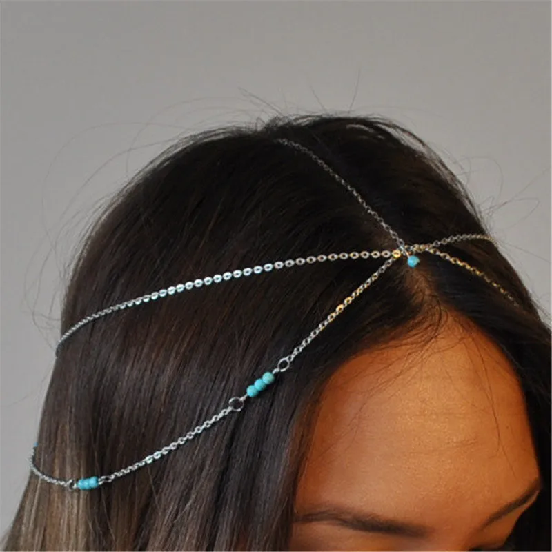

2017 New Bohemian Women Blue Bead Head Chain Multi layer Forehead Headband Boho Hair Jewelry accessories tocados de novia
