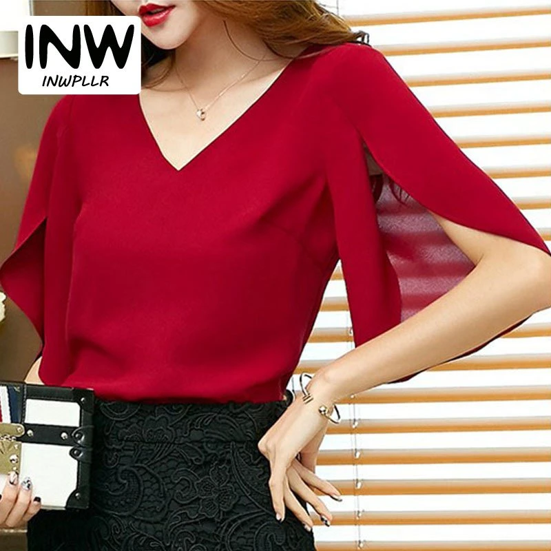 Tops para mujer Verano 2017 Blusas Mujer V cuello Sólido Camisa de la Señora Blusa Mujeres Blusas Camisas Eleangt Rojo|shirt lady|blusa shirtchiffon blouse - AliExpress