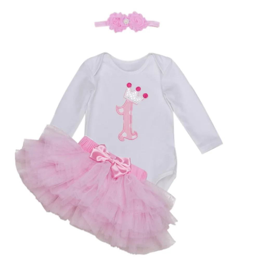 Комплект из 3 предметов, белая розовая с длинными рукавами, платье-пачка для маленьких девочек на 1 день рождения, юбка-баллон для детей от 0 до 24 месяцев