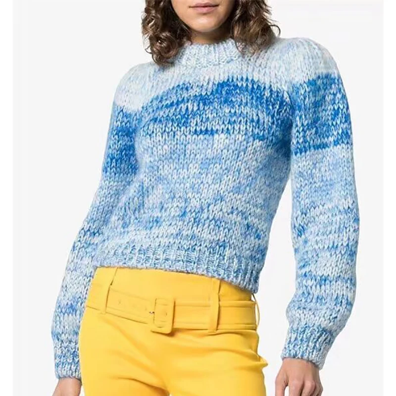 

Women's sweater blue mohair knit casual loose 2019 autumn new round neck long sleeve fashion pullover women's short sweater