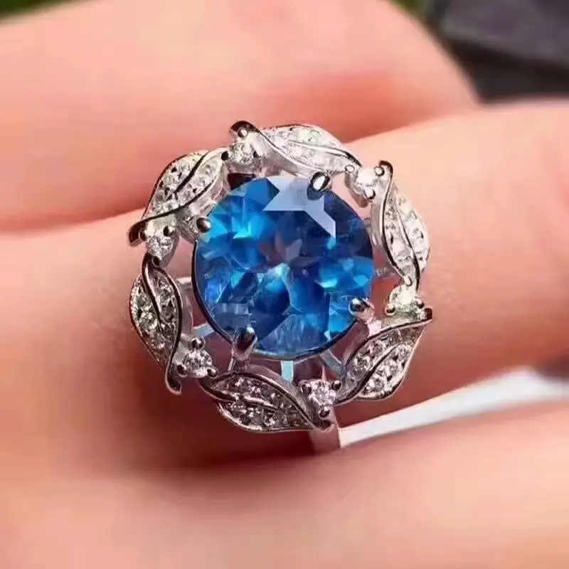 Fidelity Natural 10mm Swiss blue topaz stone Ring s925 sterling silver