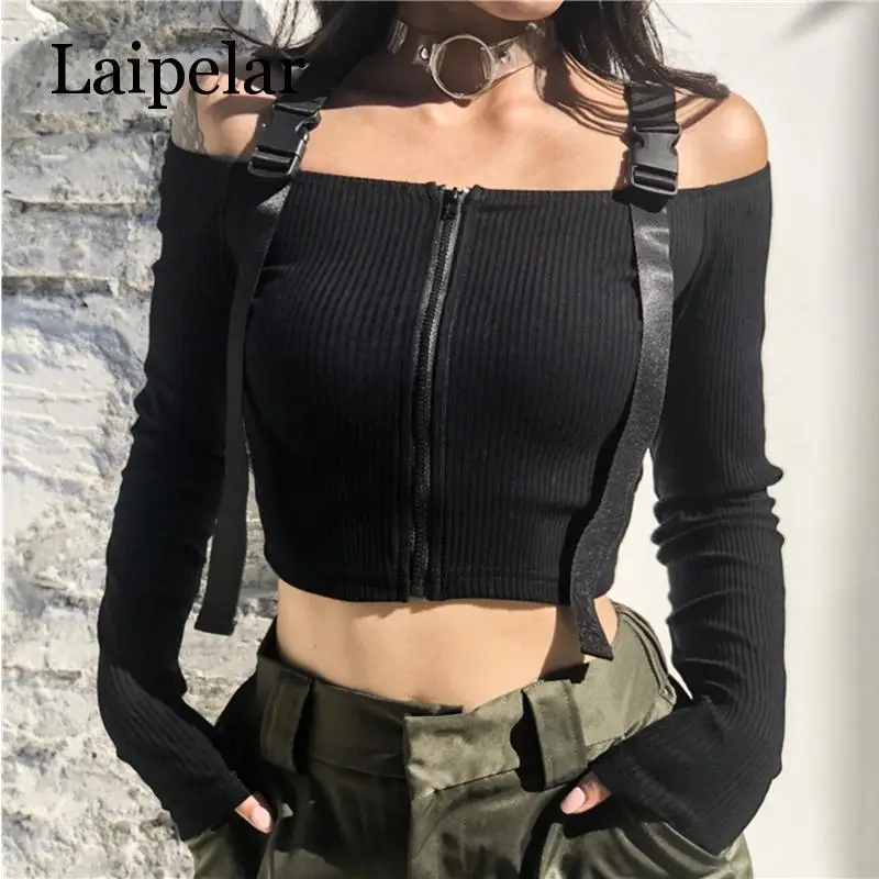 

Laipelar Women Sexy Off Shoulder Crop Top with sleeve Zipper Knit Bandage Elegant ladies Party Vest streetwear