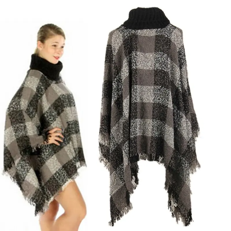 Ethnic Fusion font b Tartan b font Knitted Women Poncho Knit Turtle Neck Sweater Coat Outwear