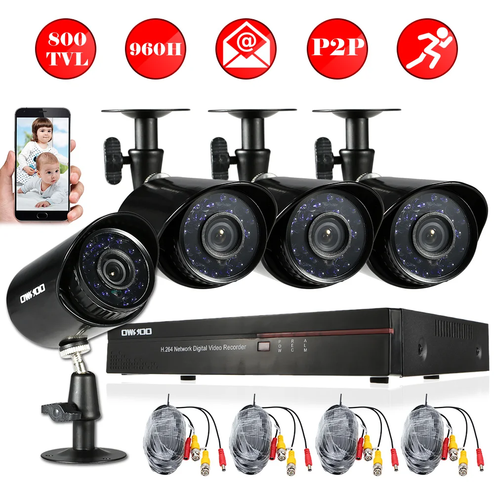  OWSOO 800TVL Outdoor Security Camera System Full 960H/D1 4CH DVR P2P HDMI DVR 4* Waterproof CCTV IR CUT Camera Set Home Security 