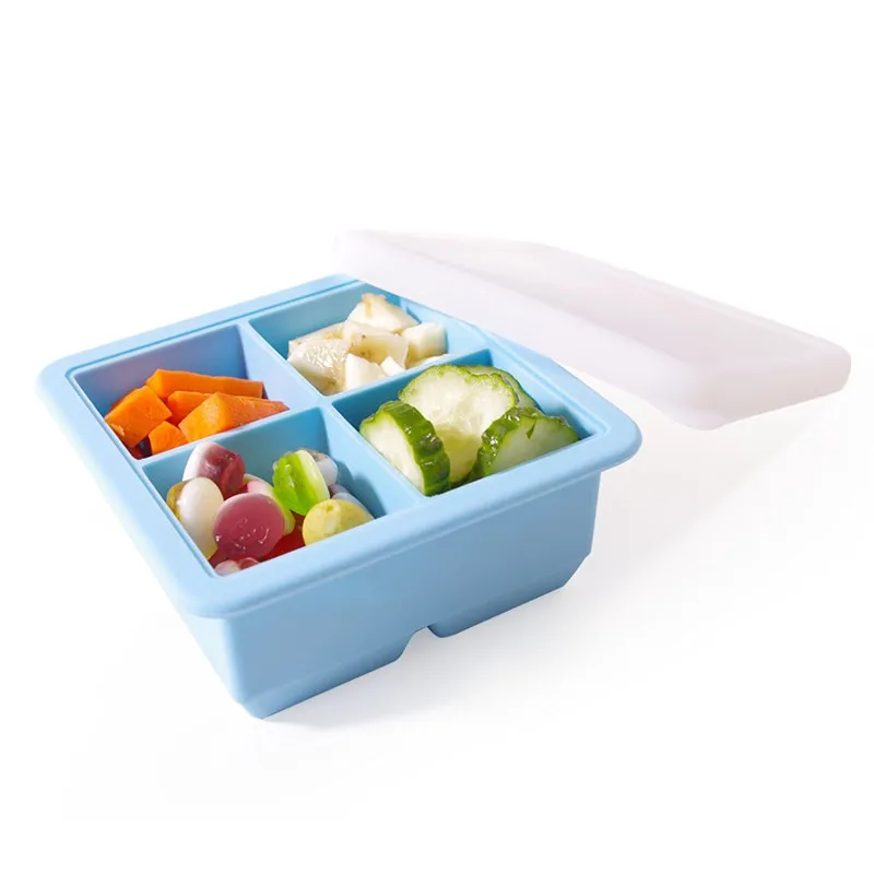 Multi-Purpose 4 Cube 2 Inch Jumbo Durable.Silicone Ice Cube Tray Mold with Lid for Baby Pruee, Herb,Ice Cube and Bakery