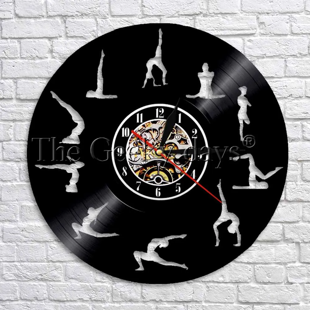 

Yoga Studio Decorative Wall Clock Modern Design Gymnastics Vinyl Record Time Clock Decor Unique Gift Idea For Yoga Lover