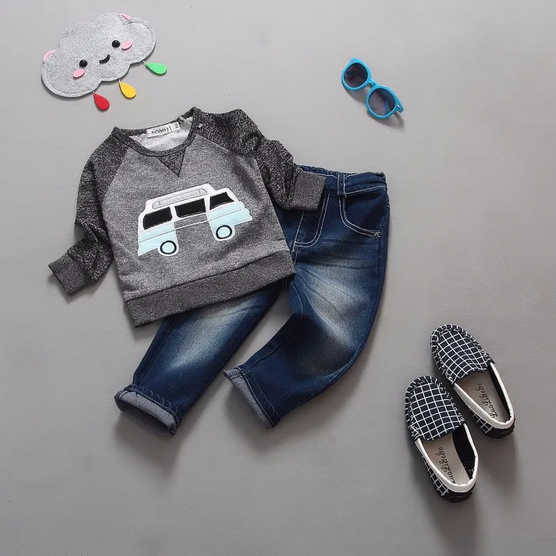 Детский пуловер с длинными рукавами для мальчиков, рубашка+ джинсы, джинсовые брюки, Весенняя детская одежда, повседневный комплект одежды для мальчиков