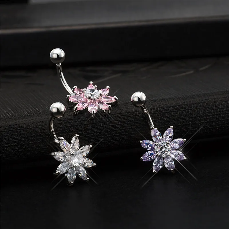 

Cute Flower Design Stone CZ Belly Button Ring Dangle Clear Navel Bar Silver Dangle Body Jewelry Piercing for Women