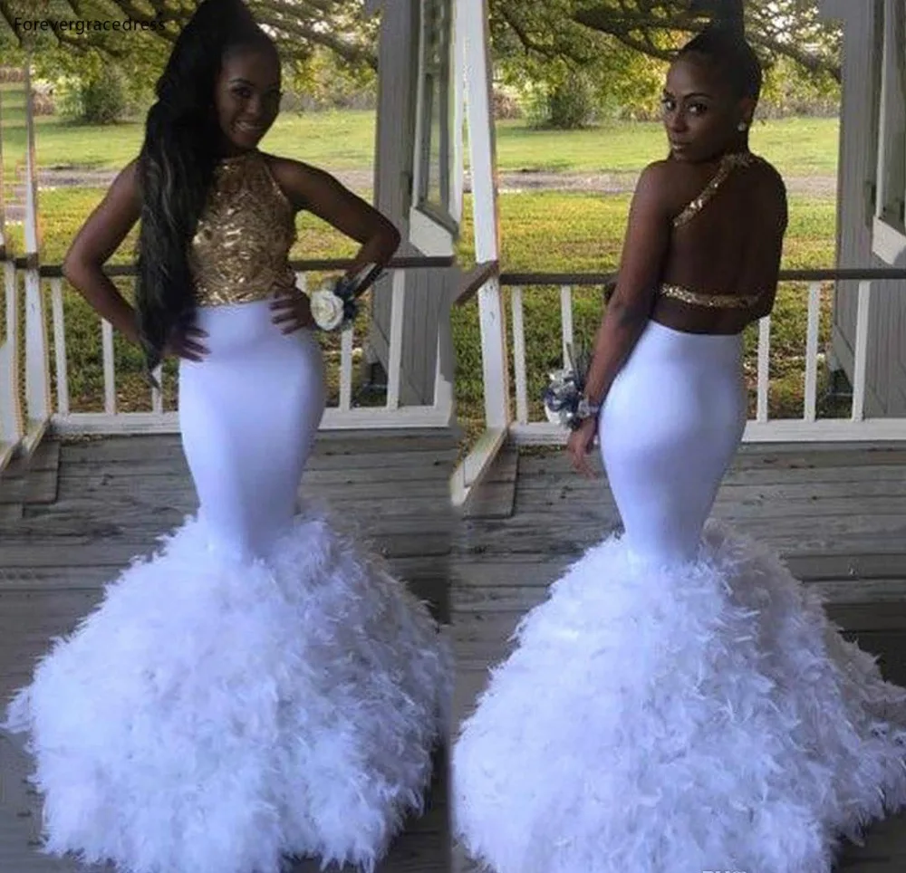White With Gold Mermaid Prom Dresses 2019 Sequins Top Feather Prom Gowns 2K18 Black Girls Party Dresses BA8854  199 (5)
