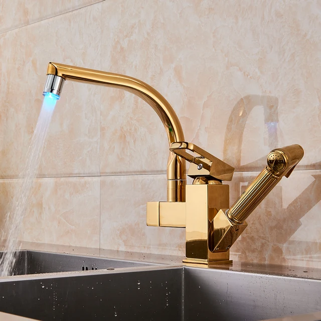 Best Price Gold LED Light Kitchen Faucet Mixer Tap Single Handle Two Swivel Spouts Kitchen Hot Cold Water Tap Pull Out Flushing Spray Tap