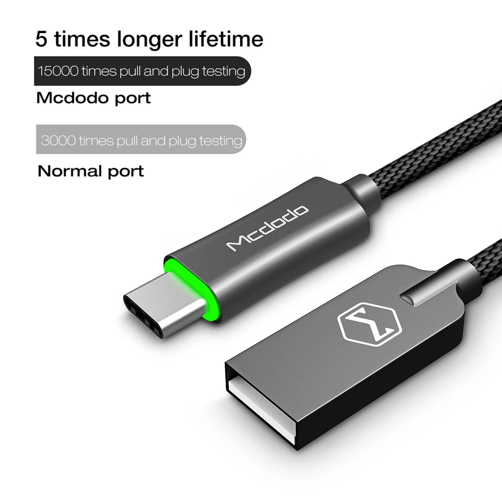 MCDODO Тип USB c быстрой зарядки автоотключения USB C кабель для Samsung Xiaomi OnePlus 5 со светодиодной подсветкой тип-c