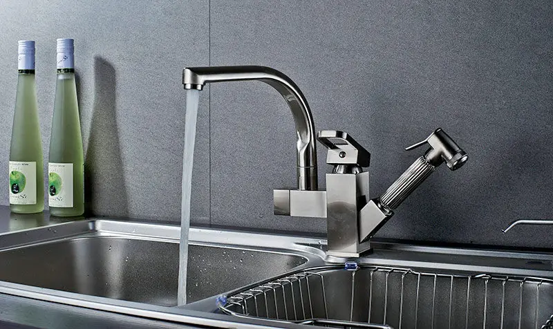 Ванная раковина кран кухонный кран двойное использование латунь никель выдвижной раковина смеситель уникальный дизайн горячая холодная