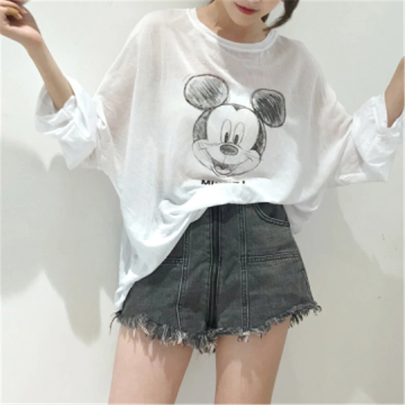 

2019 Women T Shirt Cartoon Print Loose Big Size Thin Summer Sun Protection Clothes Casual Fashion Tee Party Club Tops