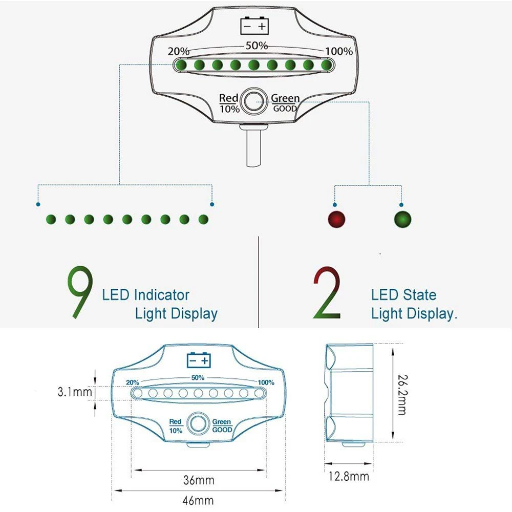 LGFM-12V, 24 В, светодиодный индикатор свинцово-кислотного аккумулятора, индикатор уровня заряда батареи, монитор уровня заряда для тележки для гольфа, морского мотоцикла, грузовика Forkli