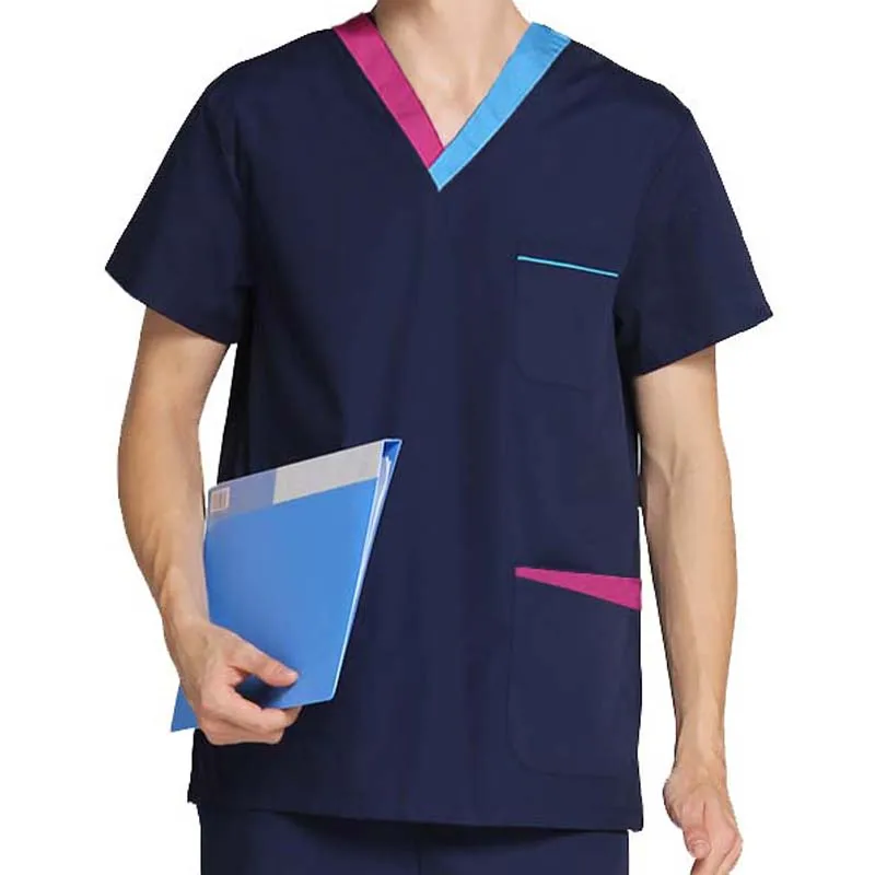 [TOP] Men's Fashion Short Sleeve Scrubs Tops V Neck  Contrasting Color Design Nursing Uniforms