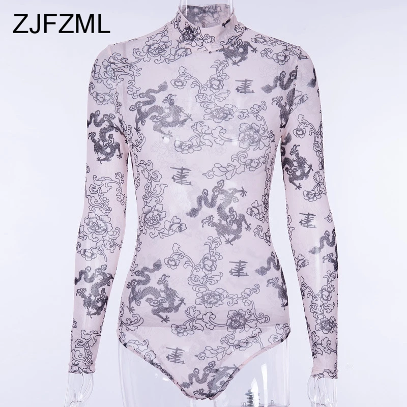 Peony and Dragon Print Transparent Mesh Sexy Bandage Bodysuit Women Long Sleeve High Neck Club Romper Ladies Bodycon Overalls