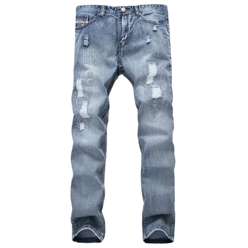 Fashion Brand Designer Mens Ripped Jeans Pants Light Blue Slim Fit Distressed Denim Joggers Male Plus Size 42 Torn Jean Trousers | Мужская