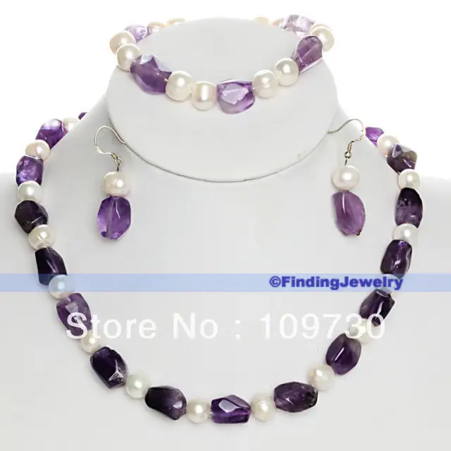 

Jewelry 00547 Vintage 9-10mm White Freshwater Pearl & Amethyst Necklace Earring Bracelet Set
