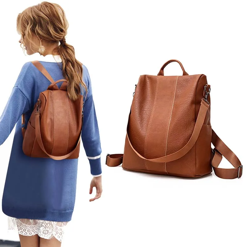  Women Female PU Leather Anti-theft Backpack Classic Solid Color Zipper Large Capacity Fashion Shoul