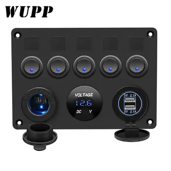 

WUPP 12-24V 5 Gang ON-OFF Toggle Switch Panel Dual USB Socket Charger 4.2A LED Voltmeter 12V Power for Car Boat Marine RV Truck