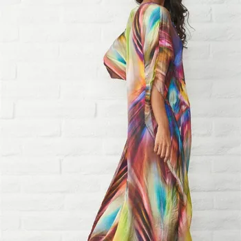 

2019 Colorful Floral Print Bohemian Dress Women Chiffon V-Neck Beach Dresses Three Quarter Summer Batwing Sleeve Loose Dress