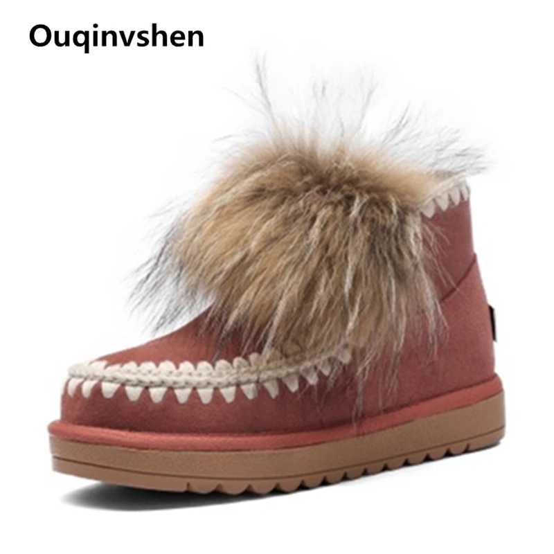 

Ouqinvshen Fashion Mixed Colors Women Snow Boots Casual Brown Short Plush Fur Boots Booties Round Toe Flat Boots Ankle Boots