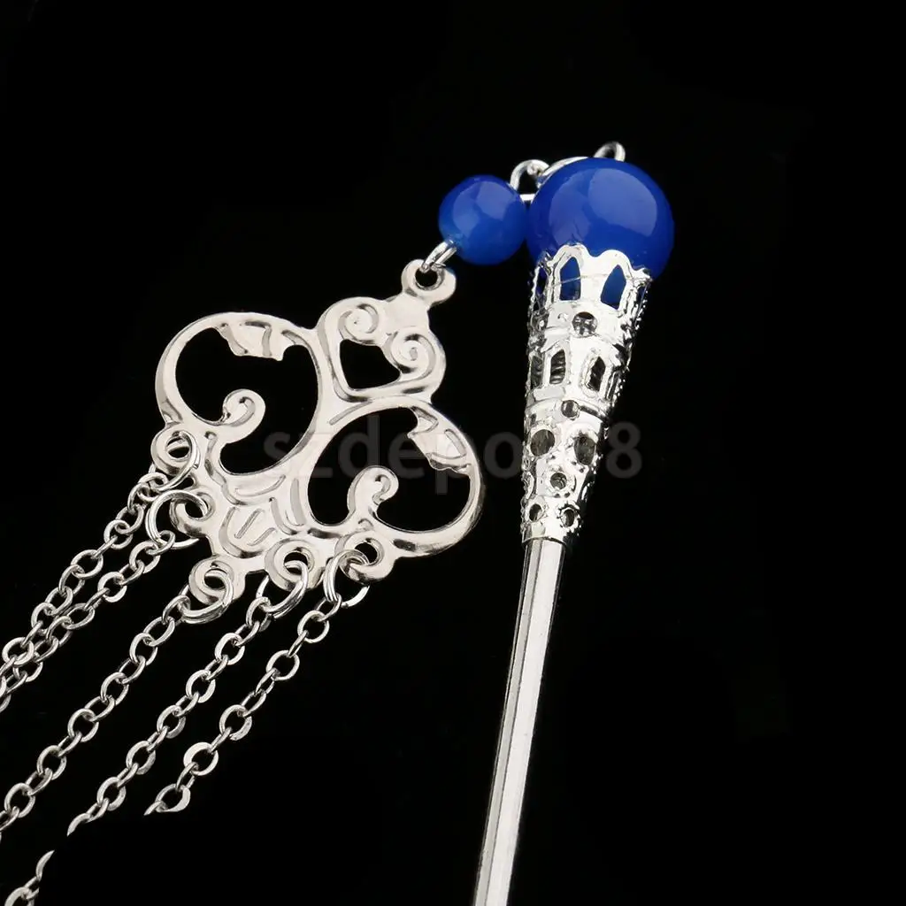 Solid Metal Tasel with Beads Stick Pin Hanfu Dress Ancient Chinese Cosplay Drama Girls Cute Hair Pin