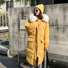 Высокое качество, большой натуральный мех, новинка, зимняя куртка для женщин, с капюшоном, женское плотное пальто, белый утиный пух, длинная свободная пуховая парка