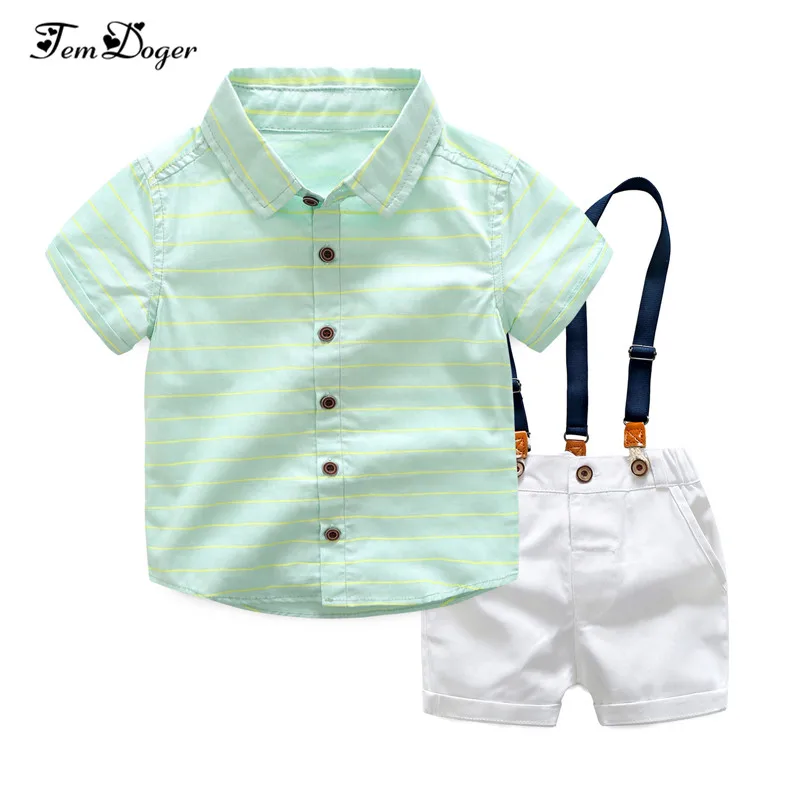 

Tem Doger Boy Clothing Sets 2018 Summer Toddler Kids Boys Clothes Suit Green Shirt+Overalls 2PCS Outfits Sets Child Boy Clothing