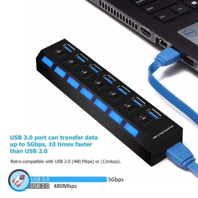 BinFul USB 3,0 концентратор 7 портов супер скорость 5 Гбит/с 7-портовый usb-хаб 3,0 с переключателем ВКЛ/ВЫКЛ для Windows Mac OS Linux ПК Аксессуары для ноутбуков