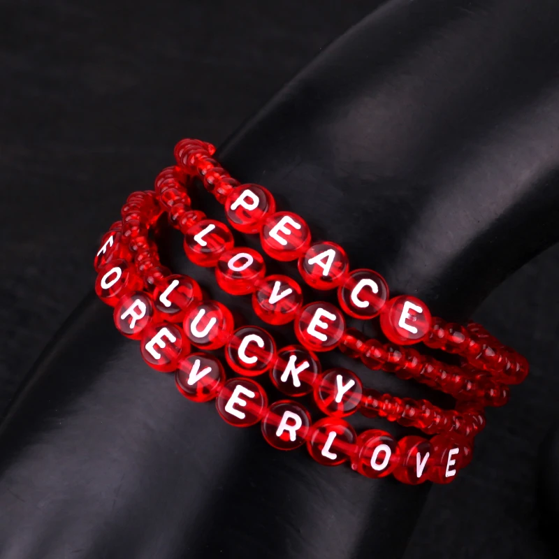 

New Red Acrylic Beads Lucky Love Peace Elastic Adjustable Letter Bracelet for Women Couples Bracelets Femme Bangle Dropshipping