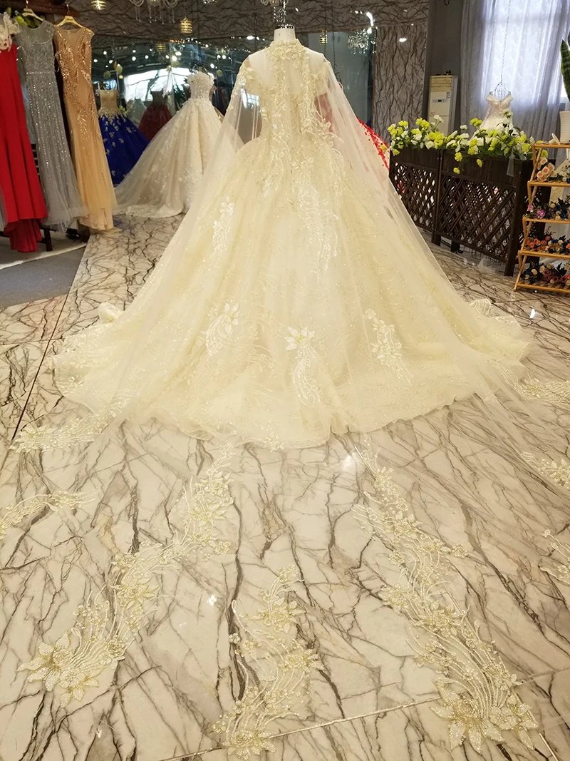 LS9221 sweetheart champagne wedding gown with lace necklace off shoulder wedding dress with golden lace flowers cape and choker