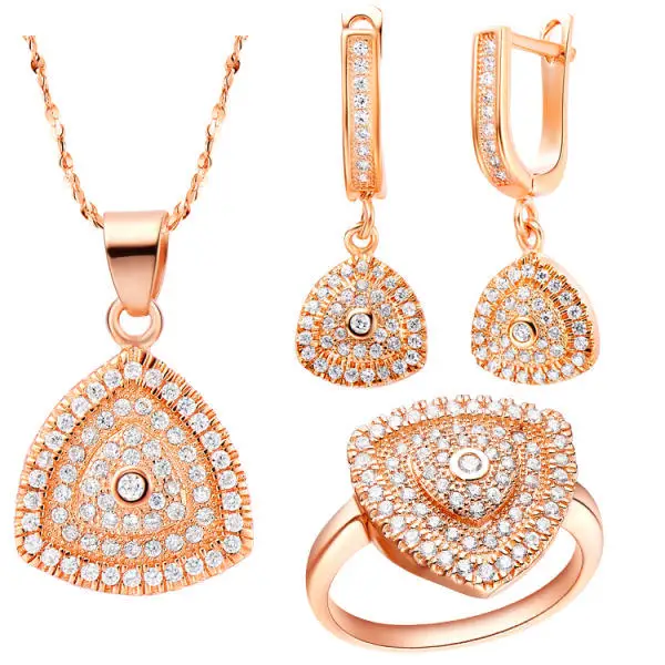 Uloveido Ювелирные наборы для женщин серебро розовое золото цвет кубического циркония кристалл кольцо серьги набор ожерелья бижутерия T132 - Окраска металла: gold ring size 8