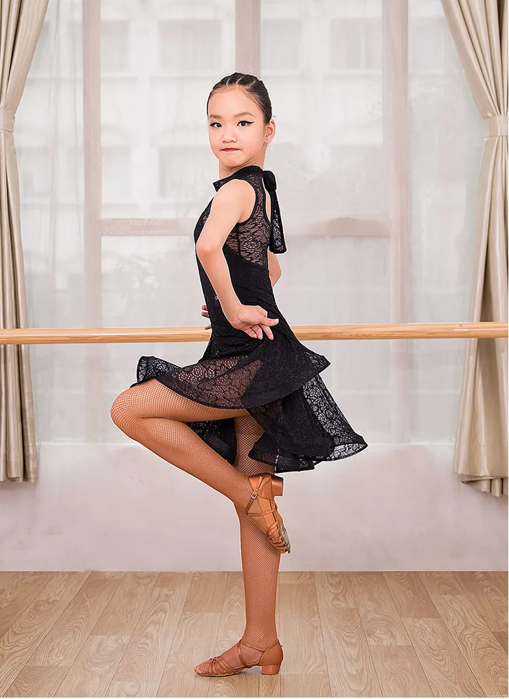 

Kid Girls Latin Dance Dress Costumes Child Long Sleeve Ballroom Dance Costume Lace Latin Dance Dress For Girls