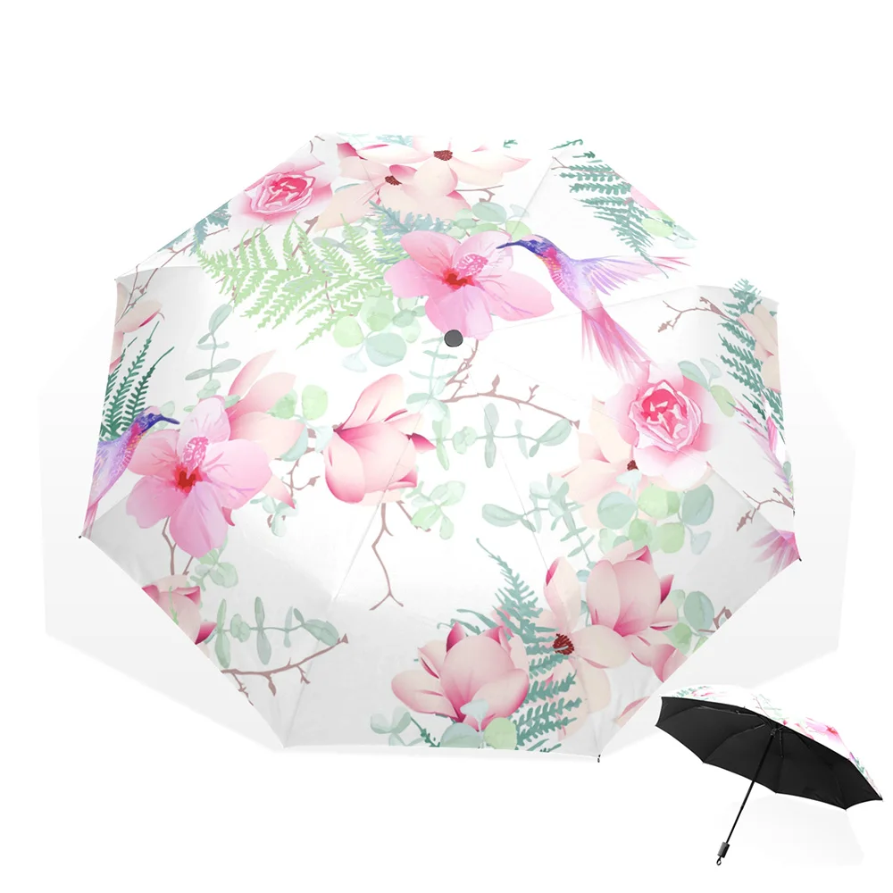 

Non-automatic Floral Pattern Pink Small Bird Umbrellas Three Folding Umbrella UV Protection Rain Gear For Women Parasol