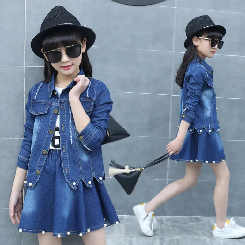 

Girls Coat + T Shirt + Skirts Sets Jeans Baby Suit Children Clothing Spring Autumn Kids Clothes Denim Infantil 3-13Y Tracksuit