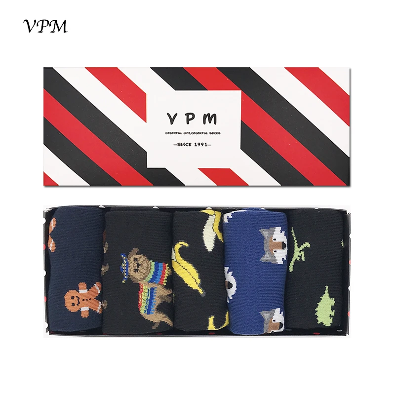 

VPM Men's Cotton Long Socks Black Funny Happy Harajuku Banana Dino Dog Wolf Business Dress Hip Hop for Men Gift Box 5 Pairs/Lot