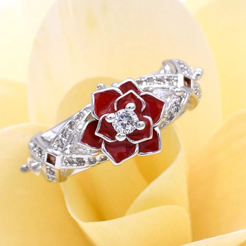 Floral Two Tone Promise Rose Women Ring with White and Red Zircon Fashion Charming Flower Wedding Rings Jewelry bague femme