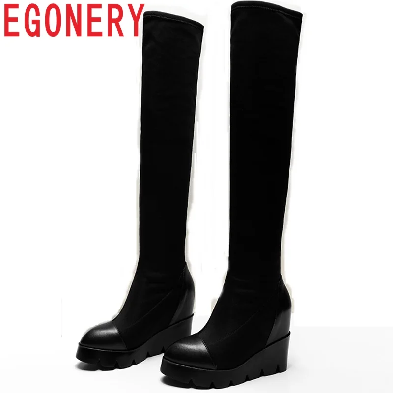 

EGONERY Model Stretch over-the-knee long boots spring winter plush 2018 slip-on wedges platform 6cm high heel black woman shoes