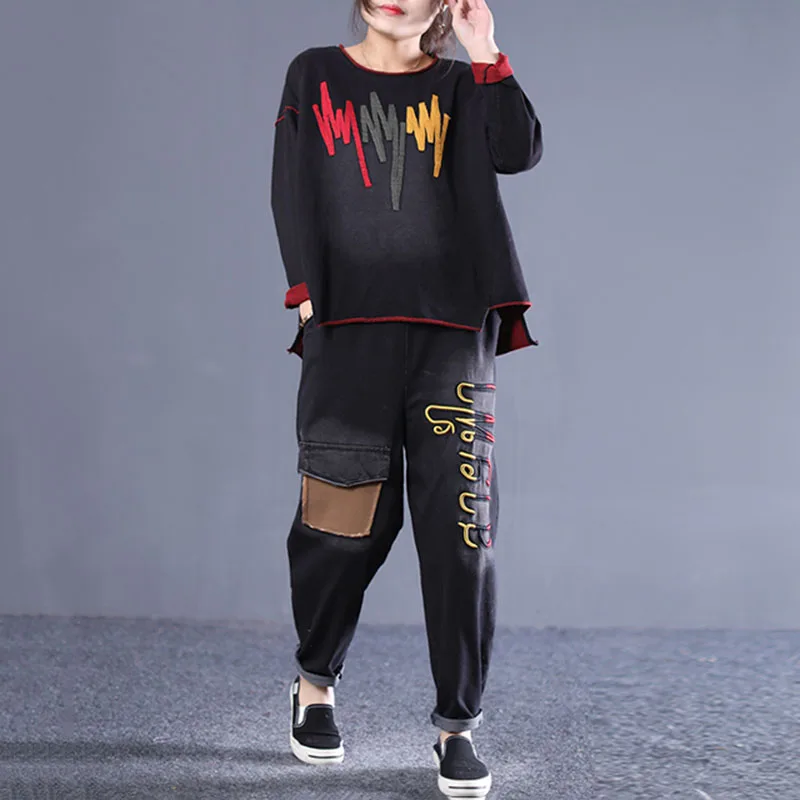 

Trend 2piece set for women Retro embroidery cotton denim suits female spring sets loose big size ladies Sweatshirt two Set women