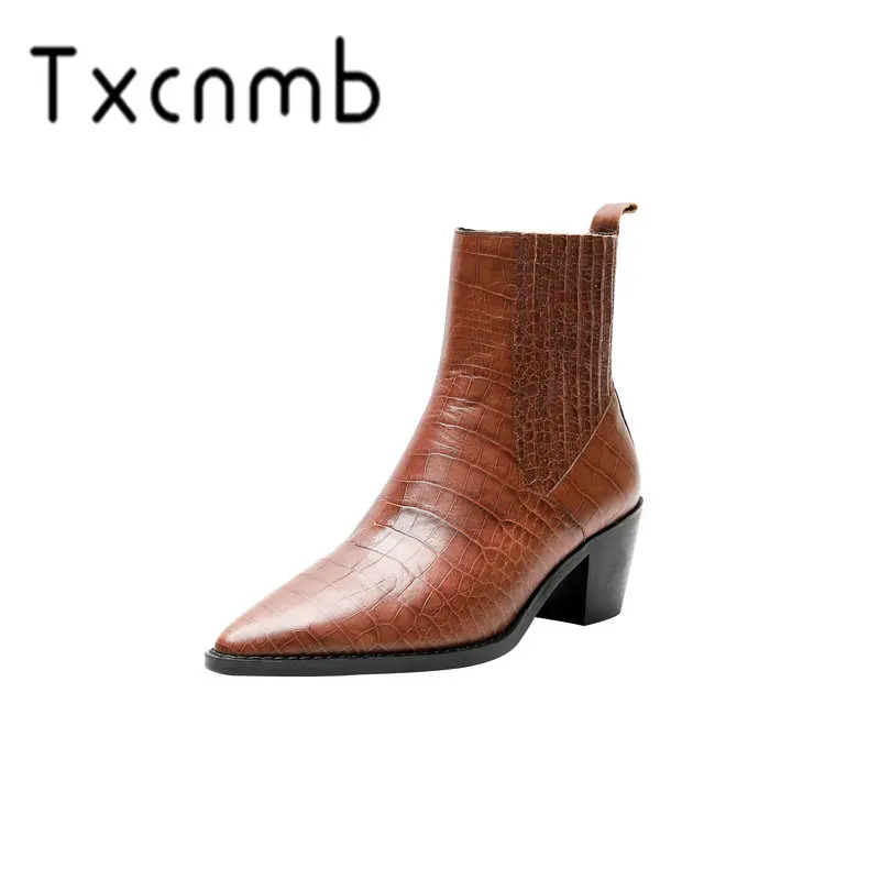 

TXCNMB 2019 Boots Women Ankle Boots for Women Winter Genuine Leather High Heel Black Pointed Toe Shoes Woman Size 39 40