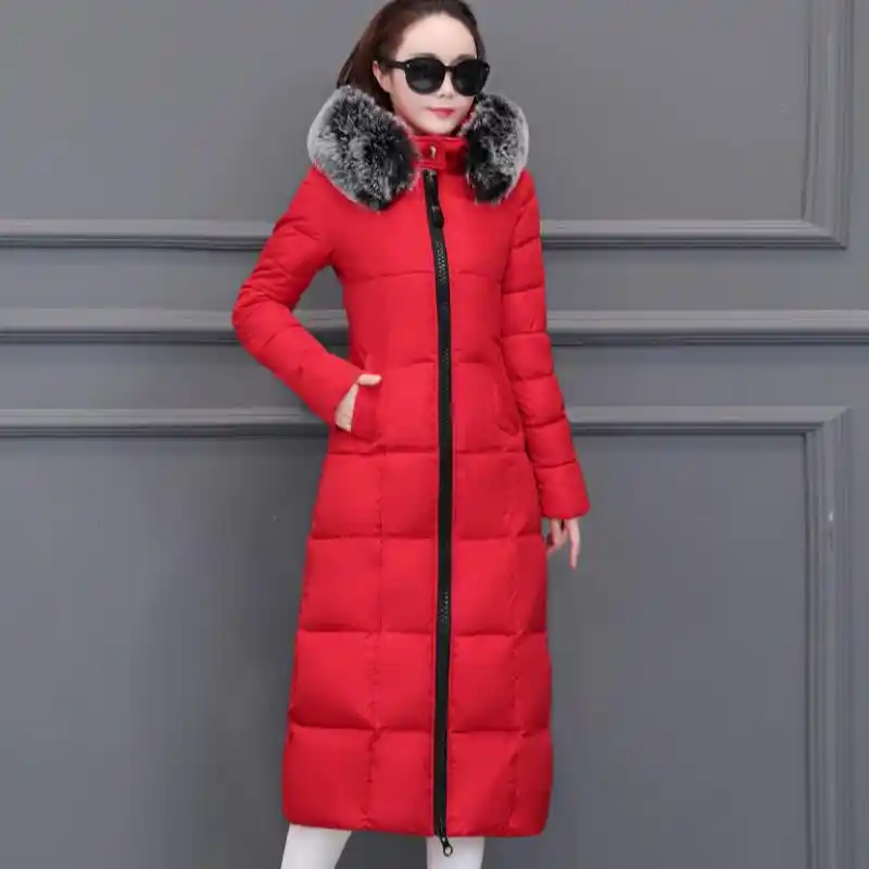 womens red padded jacket with fur hood