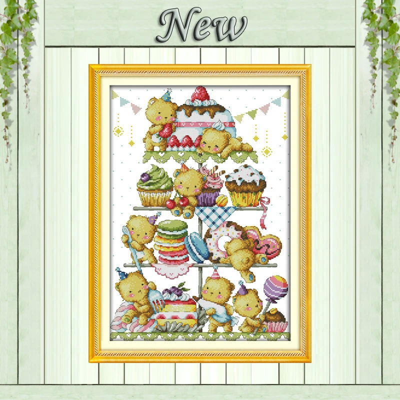 

Sweet little bear cake decor painting counted print on canvas DMC 11CT 14CT Chinese Cross Stitch kits embroidery needlework Sets