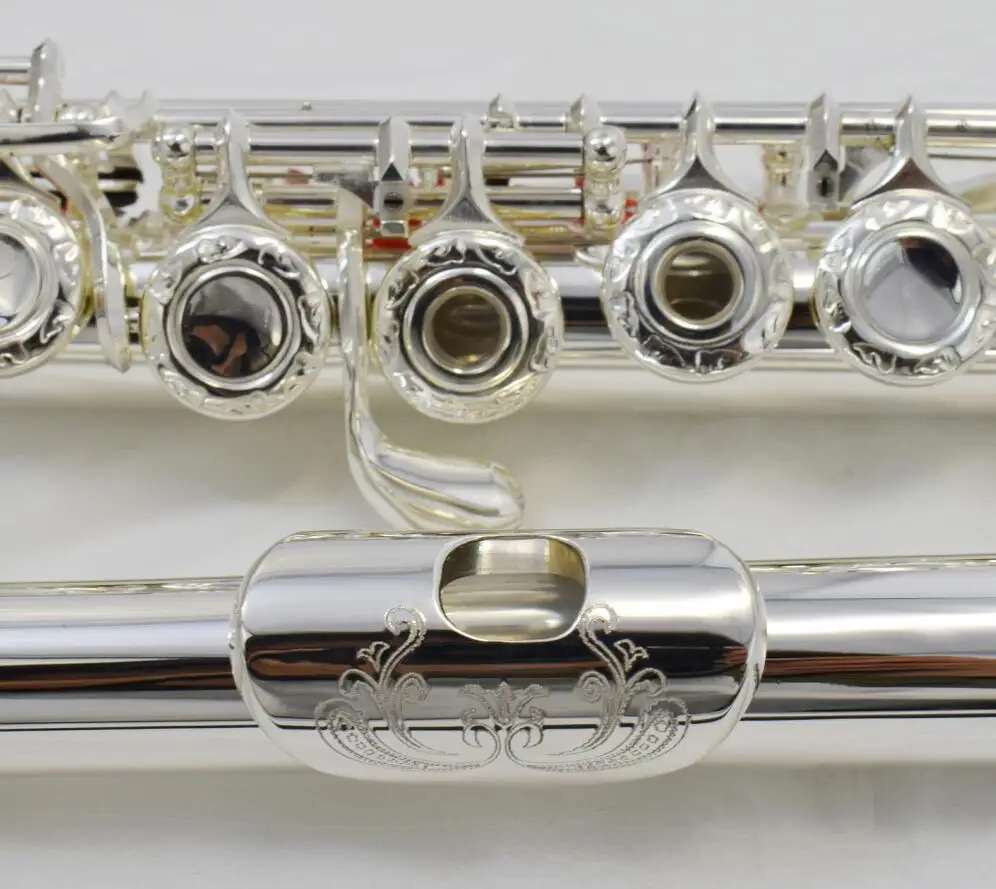 Красивая Выгравированная флейта, 17 открытых отверстий, с разъемом E, серебряный корпус, золотой ключ и Посеребренная флейта C Tune, музыка
